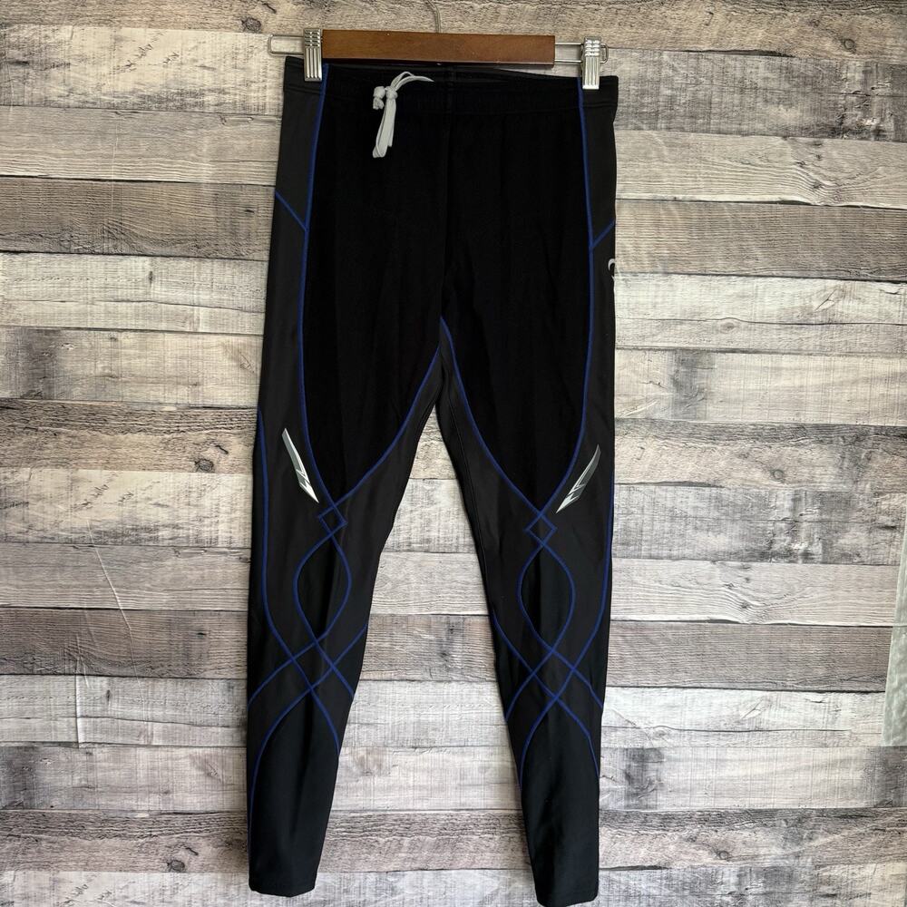 CW-X Black Leggings with Blue Piping and Silver Accents